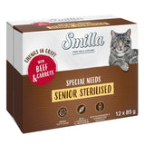 Smilla Senior Sterilised cat food, chunks in gravy with beef and carrots, omega fatty acids, L-carnitine, glucosamine & chondroitin sulphate. Pack: 12 x 85 g.