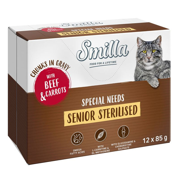 Smilla Senior Sterilised cat food, chunks in gravy with beef and carrots, omega fatty acids, L-carnitine, glucosamine & chondroitin sulphate. Pack: 12 x 85 g.