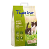 Tigerino Plant-Based cat litter, wood fibres, 100% biodegradable, with natural wood scent, 3 kg. Features: fast clumping, flushable, low dust, gentle on paws.