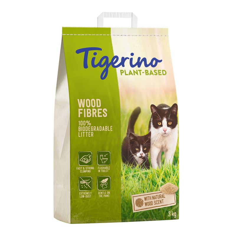 Tigerino Plant-Based cat litter, wood fibres, 100% biodegradable, with natural wood scent, 3 kg. Features: fast clumping, flushable, low dust, gentle on paws.