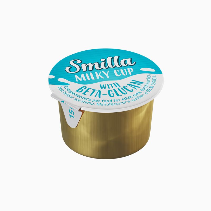 Smilla Milky Cup with beta-glucan, complementary food for adult cats, 15g. Batch number and manufacturer information on the packaging.