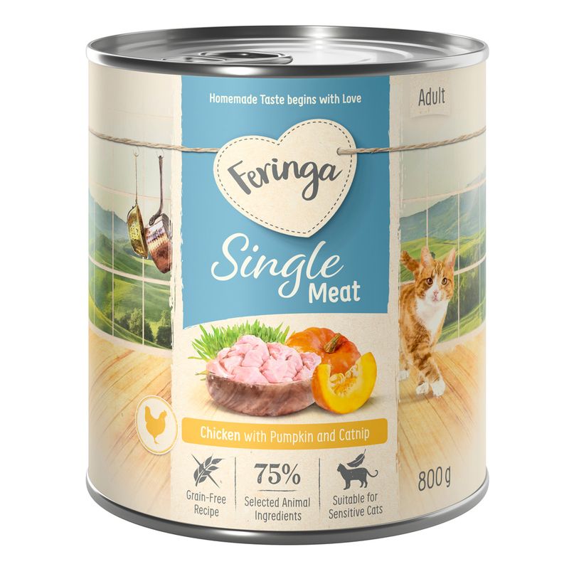 Feringa Single Meat Adult, Chicken with Pumpkin and Catnip, 75% selected animal ingredients, grain-free, suitable for sensitive cats, 800 g can