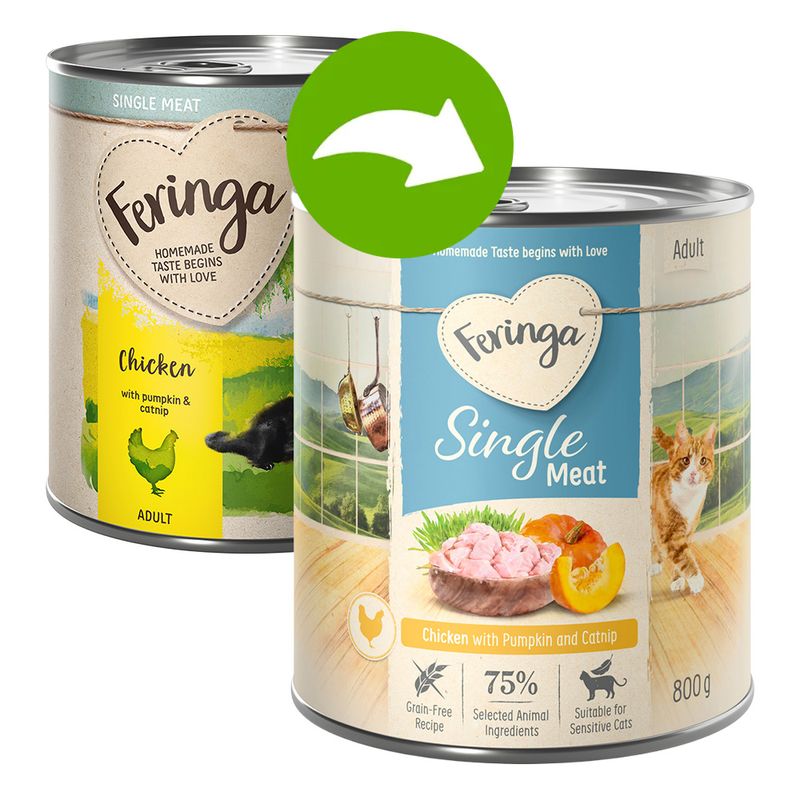 Feringa Single Meat Chicken with Pumpkin and Catnip, 800g can, grain-free, 75% selected animal ingredients, suitable for sensitive cats. Adult.
