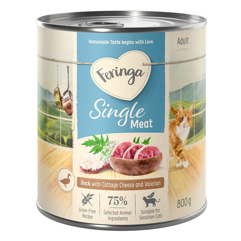 Feringa Single Meat Duck with Cottage Cheese and Valerian, adult, grain-free recipe, 75% selected animal ingredients, suitable for sensitive cats, 800g.