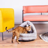 Brown tabby cat next to a grey, soft tent-shaped cat bed with hanging toy.