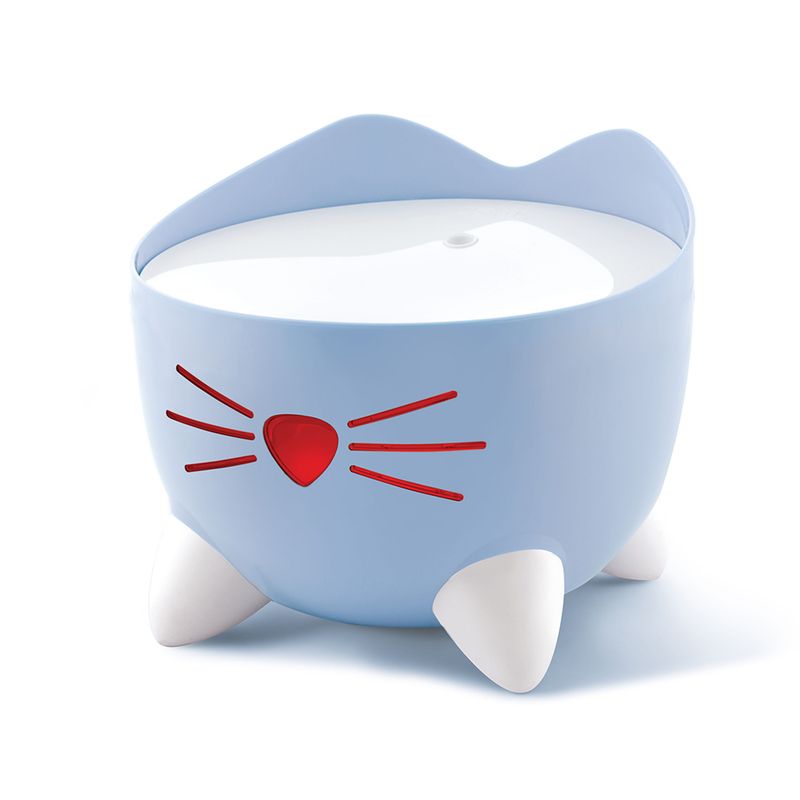 Light blue drinking fountain in cat shape with red whiskers and white lid. Design with ears and paws.