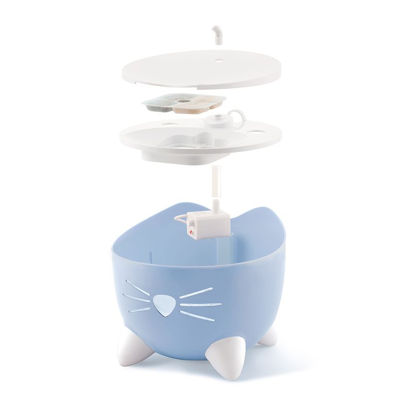 Exploded view of a blue drinking fountain with cat motif, showing filter insert, pump and lid on separate levels.