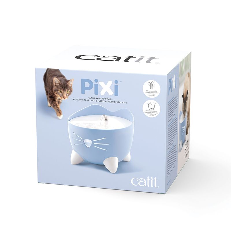 Catit Pixi drinking fountain for cats, blue. Packaging shows product design with cat face and cat next to it. Includes description in multiple languages.