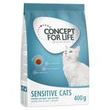 Concept for Life Sensitive Cats dry food, 400g pack. Special formula with single carbohydrate source, single animal protein source, and supports healthy intestinal flora.
