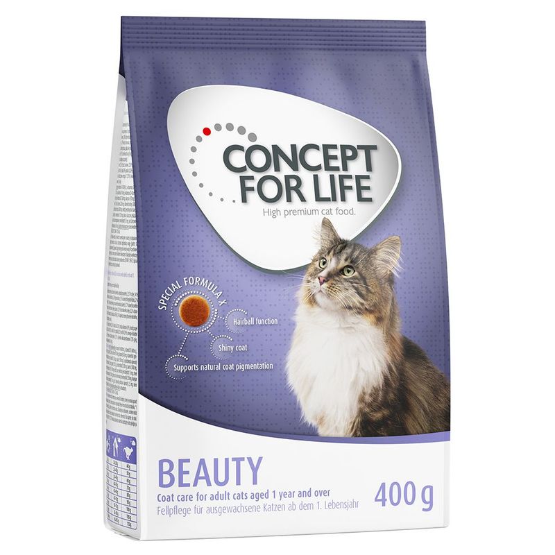 Concept for Life Beauty cat food, 400g pack. Special formula supports hairball function, shiny coat, and natural coat pigmentation. For adult cats aged 1 year and over.