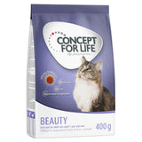 Concept for Life Beauty cat food, 400g pack. Special formula supports hairball function, shiny coat, and natural coat pigmentation. For adult cats aged 1 year and over.