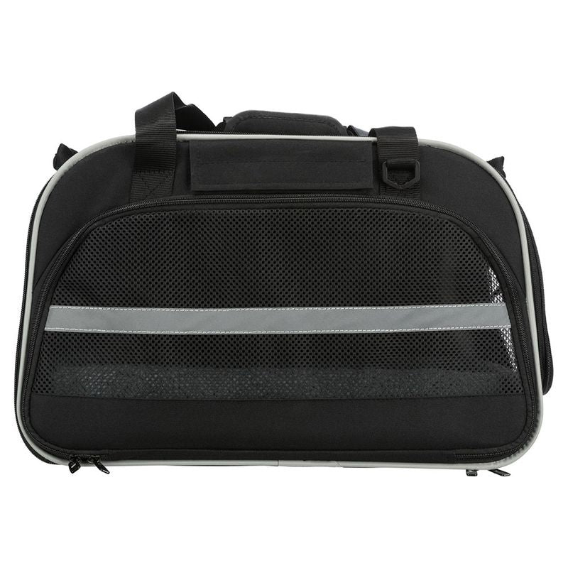 Black transport bag with mesh window and grey stripe, suitable for pet transport. With carrying handle and zip.