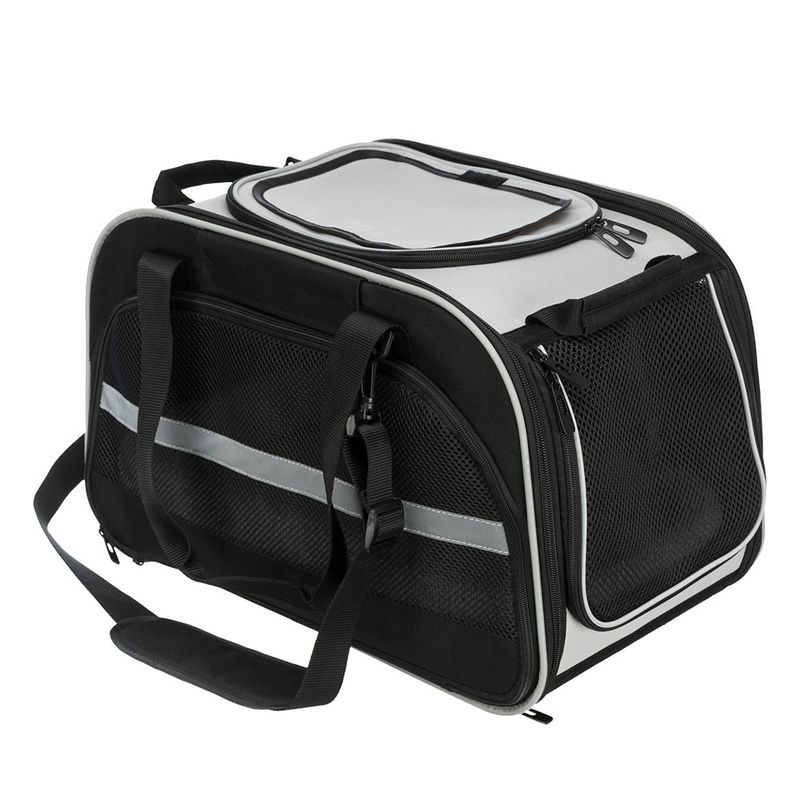 Black and grey carrier bag with mesh windows, carrying handles and shoulder strap. Visible zips and reflective stripes.