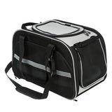 Black and grey carrier bag with mesh windows, carrying handles and shoulder strap. Visible zips and reflective stripes.