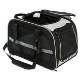 Black and grey transport bag with mesh windows, carrying handles and shoulder strap. Top and side openings with zips.
