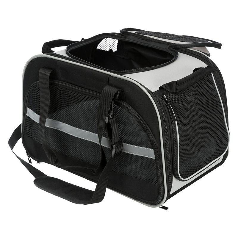 Black and grey transport bag with mesh windows, carrying handles and shoulder strap. Top and side openings with zips.