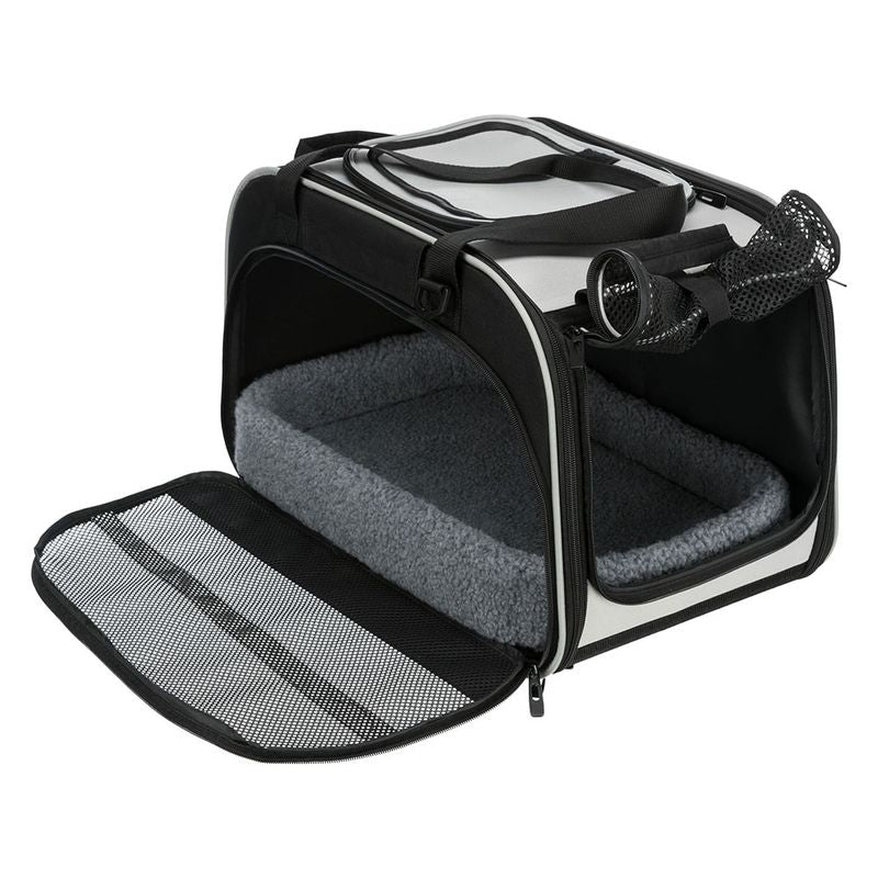 Transport bag with grey inner padding, black mesh window and carrying handle. Front open, showing padded interior.