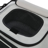 Close-up of a carrier bag with black mesh window and grey fabric, suitable for ventilation and visibility.