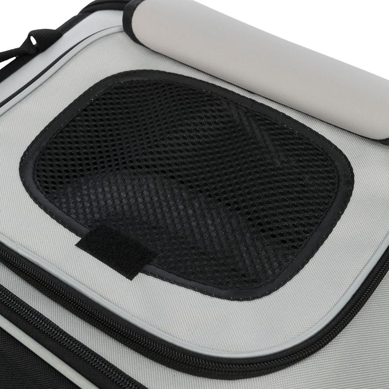 Close-up of a carrier bag with black mesh window and grey fabric, suitable for ventilation and visibility.