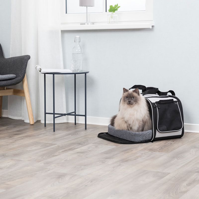 Transport bag with grey inner cushion, open. Cat sits on the removable cushion inside the bag.