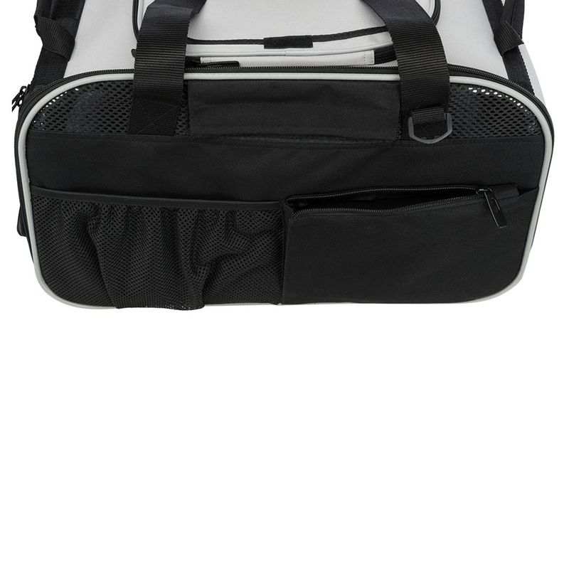 Transport bag in black and grey with mesh side pockets and zip compartment.