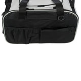 Transport bag in black and grey with mesh side pockets and zip compartment.