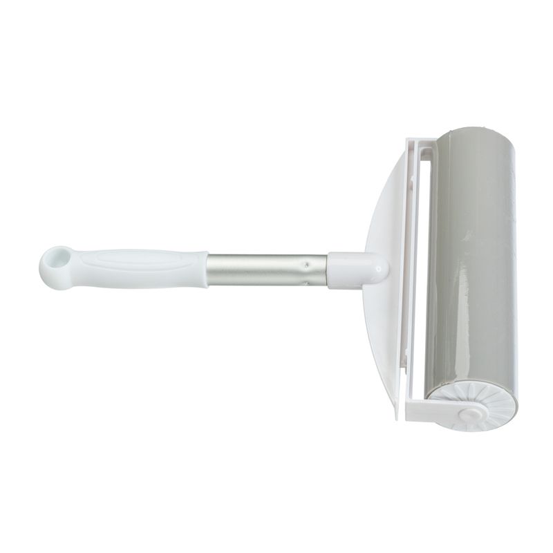 Lint roller with white handle and grey adhesive roll, suitable for removing pet hair and dust.