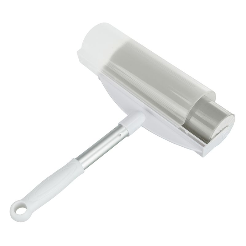 Lint roller with white handle and removable cover, suitable for removing pet hair or dust.