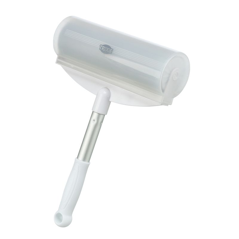 Trixie lint roller with white handle and metal rod, ideal for removing pet hair from textiles.