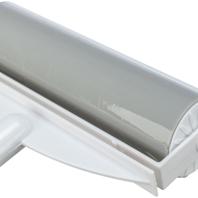 Pet hair removal roller with grey adhesive surface and white plastic housing, suitable for removing hair from textiles.