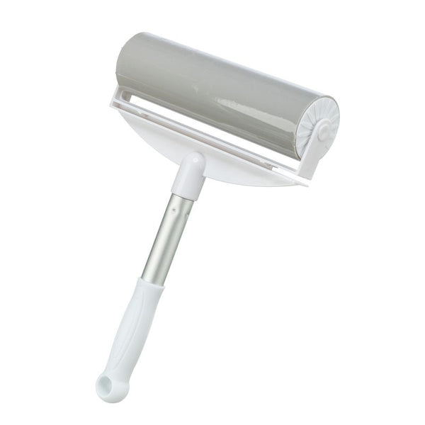 Lint roller with white handle and grey sticky surface, suitable for removing pet hair or lint.