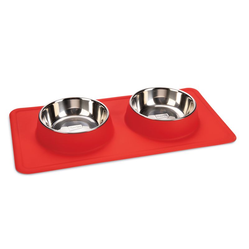 Double stainless steel bowl with red silicone mat, suitable for food and water.