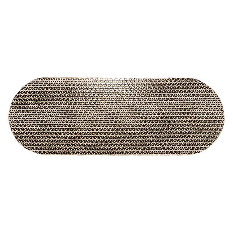 Scratching board made of corrugated cardboard with oval shape and textured surface.
