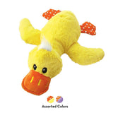 Yellow plush toy in duck shape with orange beak and wings. Note: Available in various colours.