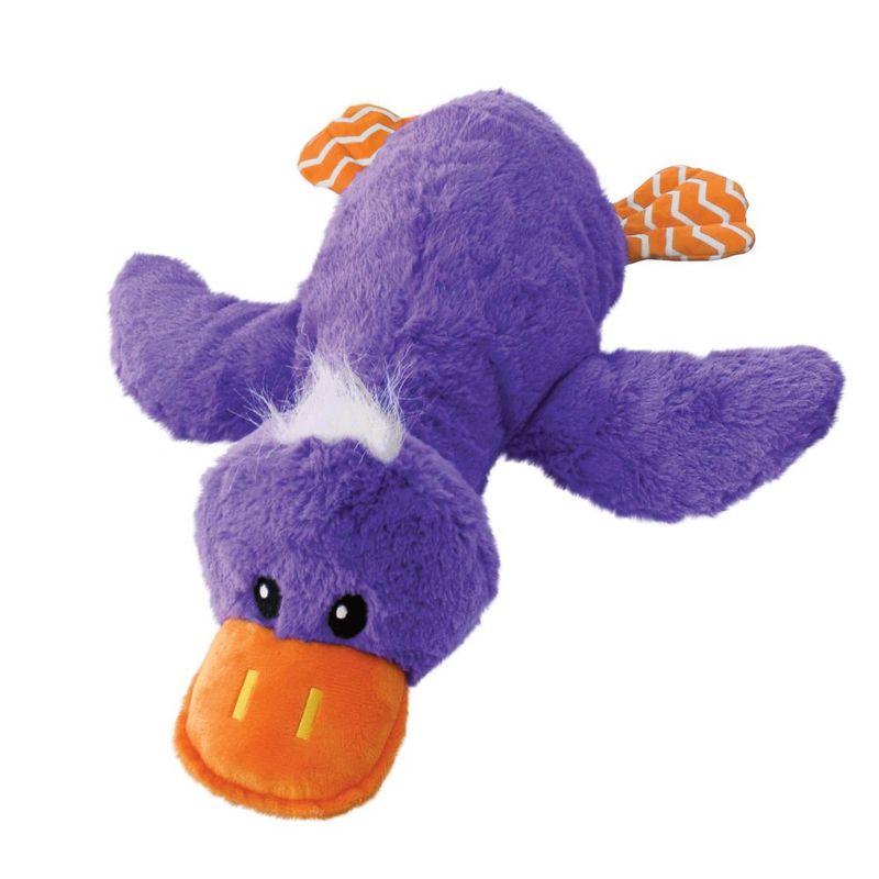 Purple plush toy in the shape of a duck with an orange beak and feet, suitable for pets.
