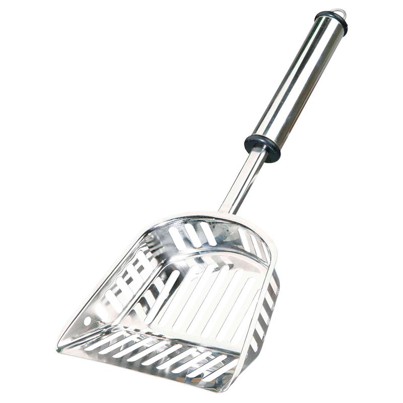 Metal scoop with elongated handle and slots, suitable for sifting or cleaning.