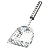 Metal scoop with elongated handle and slots, suitable for sifting or cleaning.