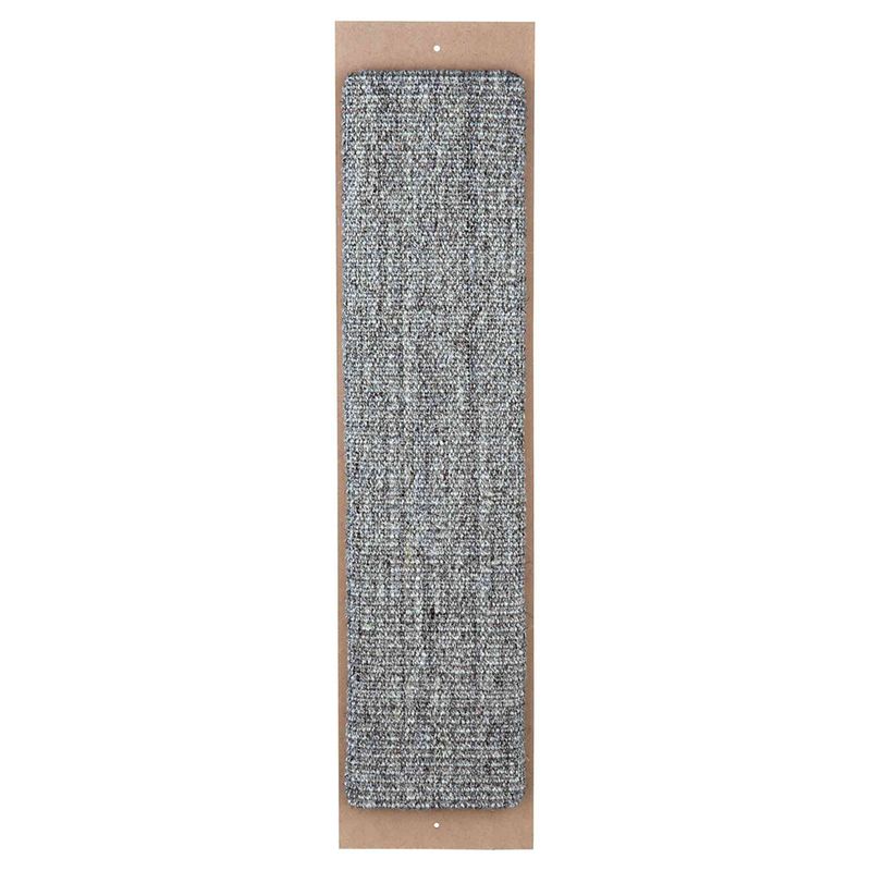 Scratching board made of wood with grey sisal cover, rectangular shape.