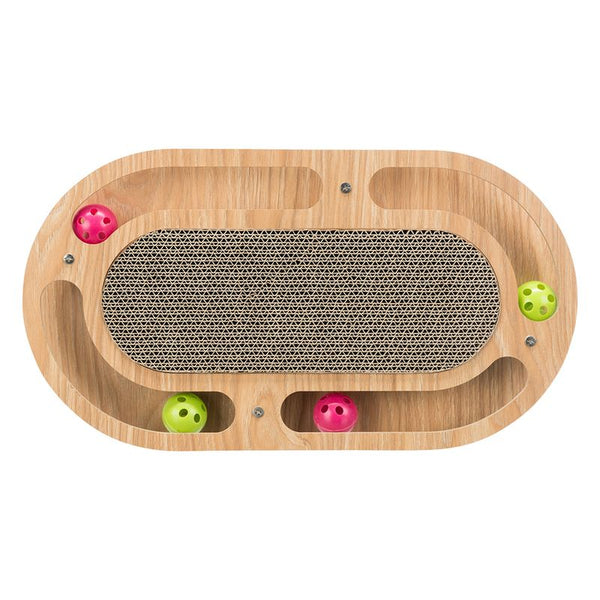 Wooden toy with oval shape, integrated cardboard scratching board and colourful balls in tracks.