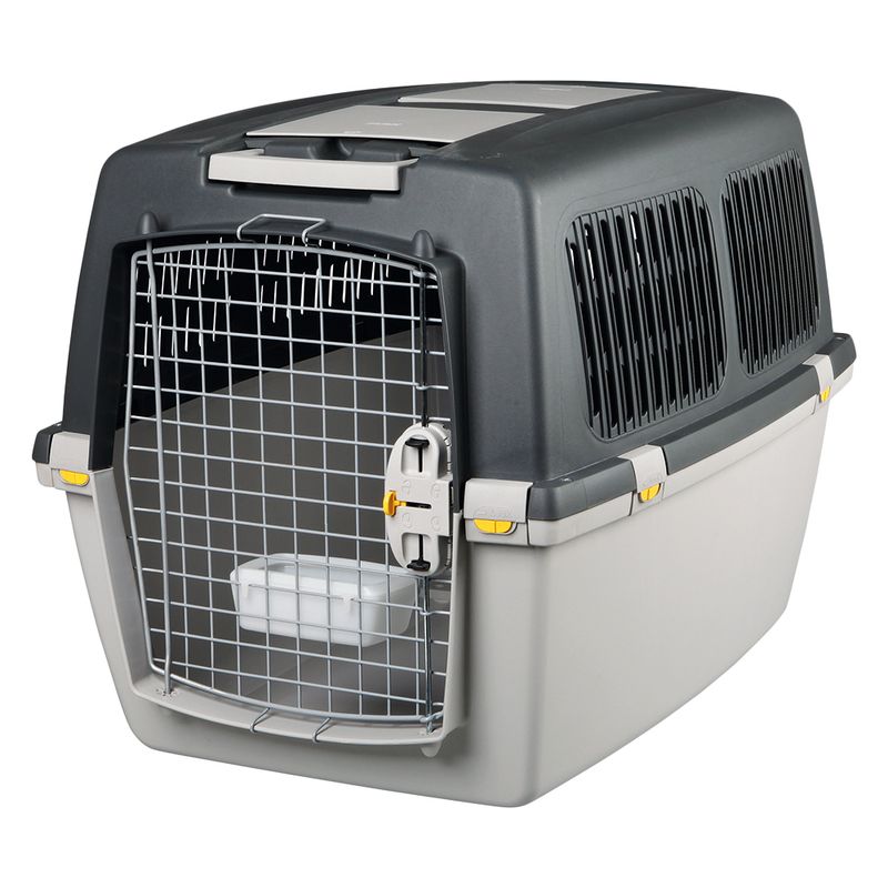 Plastic transport box with metal grid door, side ventilation slots and safety lock. Equipped with removable bowl inside.