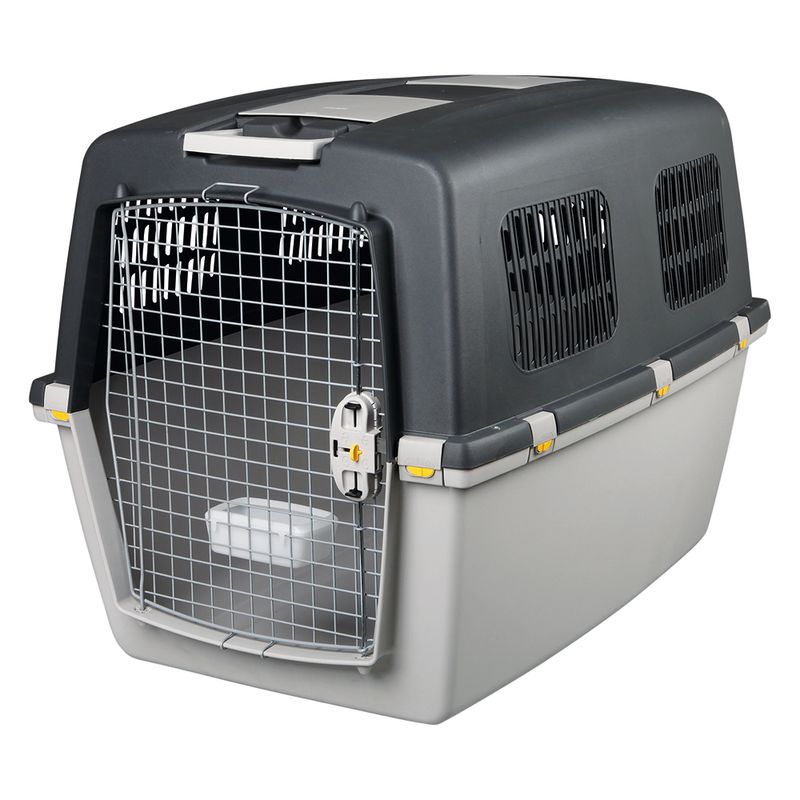 Plastic transport box with metal grid door, side ventilation slots and safety lock. Suitable for pet transport.