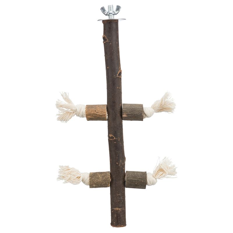 Wooden toy with three crossbars made of natural wood and cotton ropes, attached with a metal holder at the top.