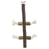 Wooden toy with three crossbars made of natural wood and cotton ropes, attached with a metal holder at the top.