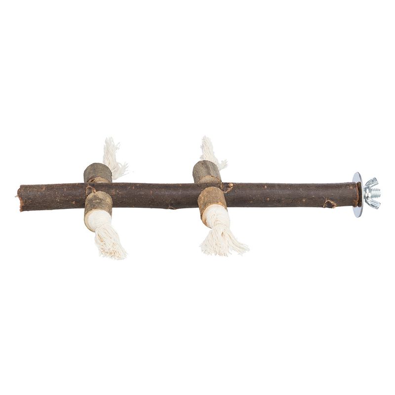 Wooden rod with two rope ends and metal attachment, suitable for cage mounting.