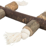 Wooden toy with knots made of white cotton cord, suitable for pets. Natural materials visible: wood and cotton.