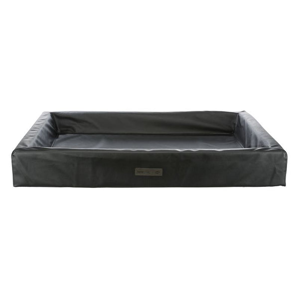 Black rectangular pet bed made of faux leather with raised edge and Nametag logo on the front.