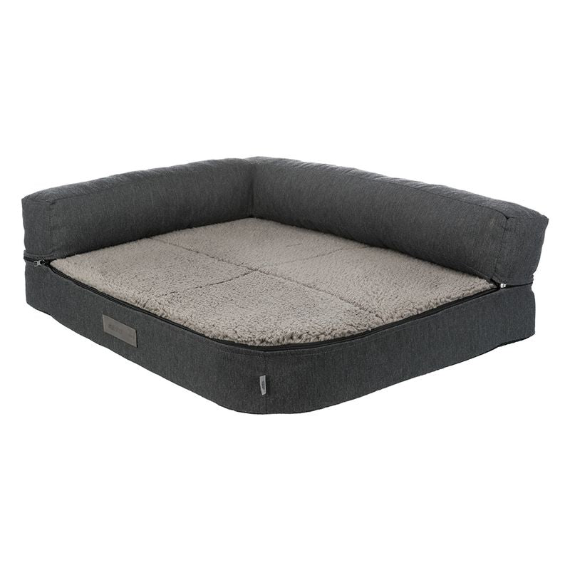 Grey pet bed with soft beige lying surface and raised edge. Rectangular shape, visible zips and brand label on the side.