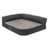 Grey pet bed with soft beige lying surface and raised edge. Rectangular shape, visible zips and brand label on the side.