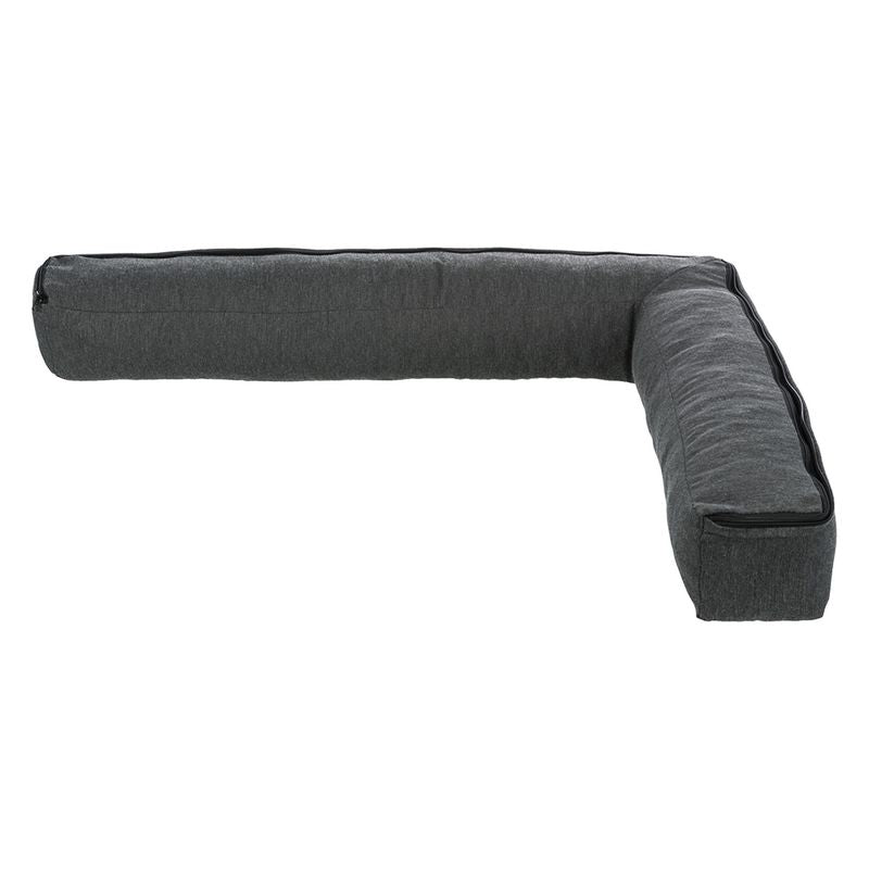 Grey, L-shaped cushion with zip, suitable as an edge for furniture or pet beds.
