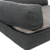 Close-up view of a grey pet bed with removable cover and zip, inner cushion made of soft plush material.